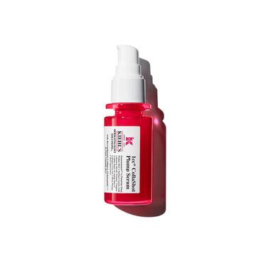 A vibrant red bottle of Kiehl's Hydro-Plumping Serum with a white pump dispenser. The product is centered against a plain white background, highlighting its bold packaging and label.​