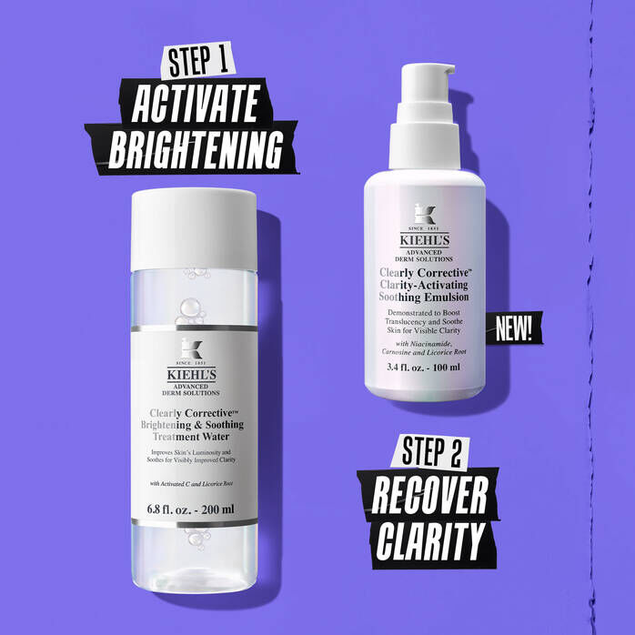 Two formula bottles and use instruction: Step 1 Activate Brightening Step 2 Recover Clarity​