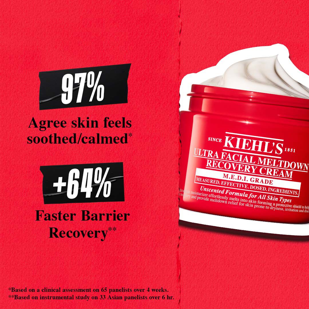 Three Kiehl’s creams on a red background, labeled for different skin needs: Ultra Facial Cream for normal skin, Ultra Facial Oil-Free Gel Cream for oily skin, and Ultra Facial Meltdown Recovery Cream for irritated skin.	