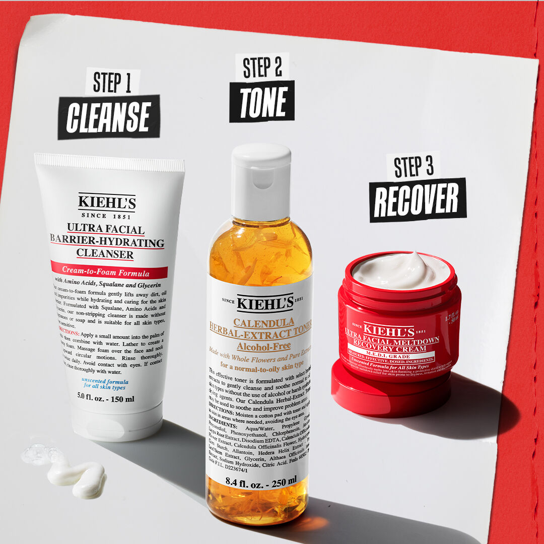 Three Kiehl’s skincare products labeled as a routine: Step 1 Cleanse (Ultra Facial Barrier-Hydrating Cleanser), Step 2 Recover (Ultra Facial Meltdown Recovery Cream), and Step 3 Protect (Better Screen UV Serum) on a white and red background.